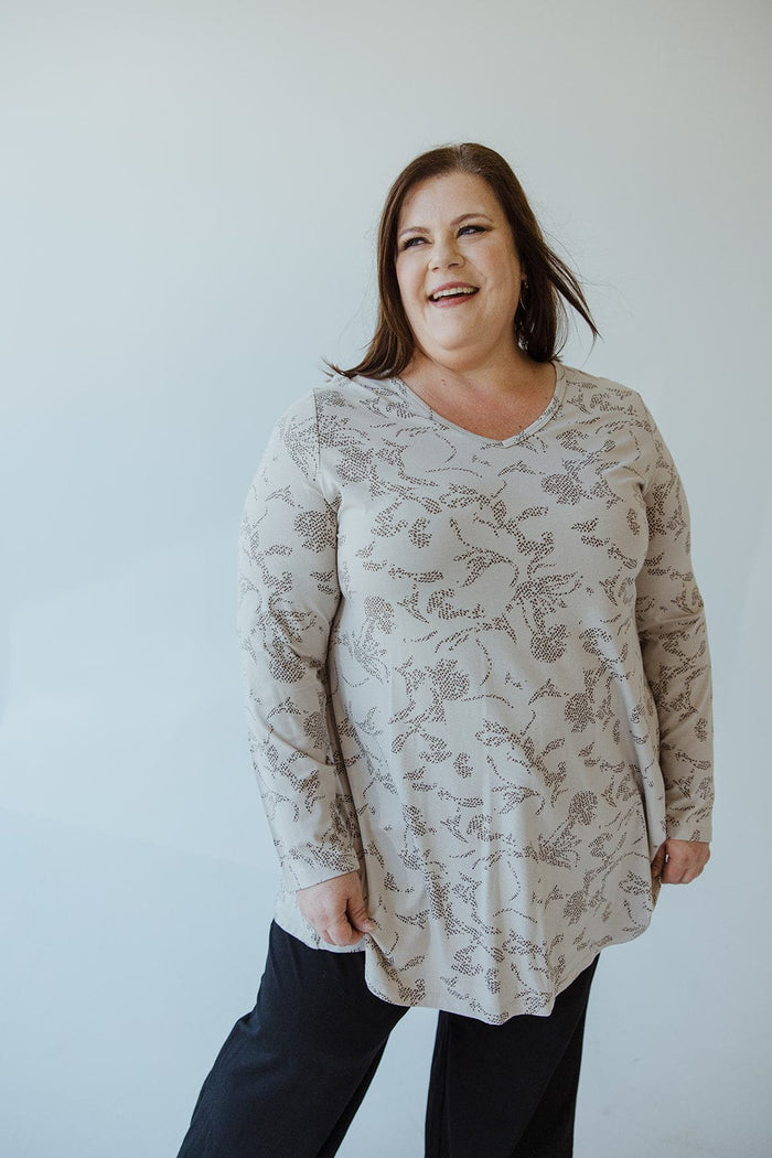 ABSTRACT DOT FLORAL PATTERN LONG TUNIC WITH V - NECK IN LIGHT GREY - Love Marlow