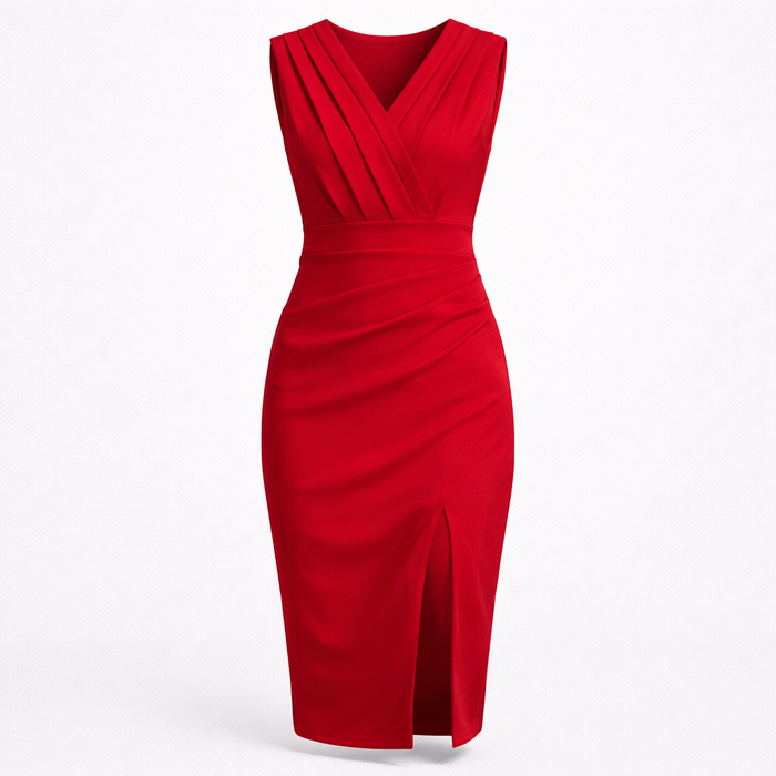 Amelie | Women’s Formal Dress With Pleated V-Neck And Side Slit | Elegant