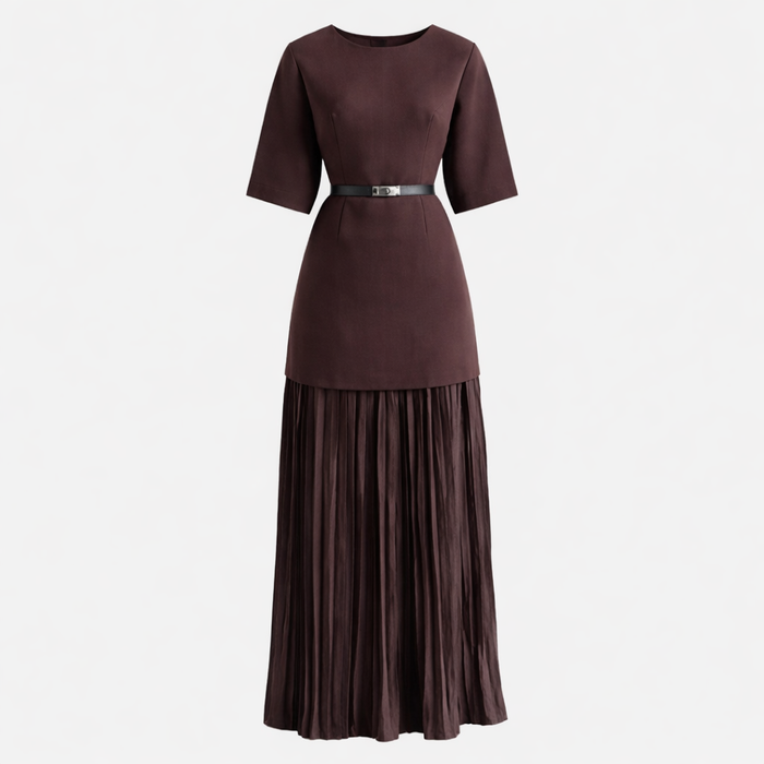 Andrea | Women's Day Dress With Pleated Maxi Skirt And Short Sleeve Design | Elegant