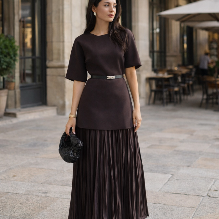 Andrea | Women's Day Dress With Pleated Maxi Skirt And Short Sleeve Design | Elegant