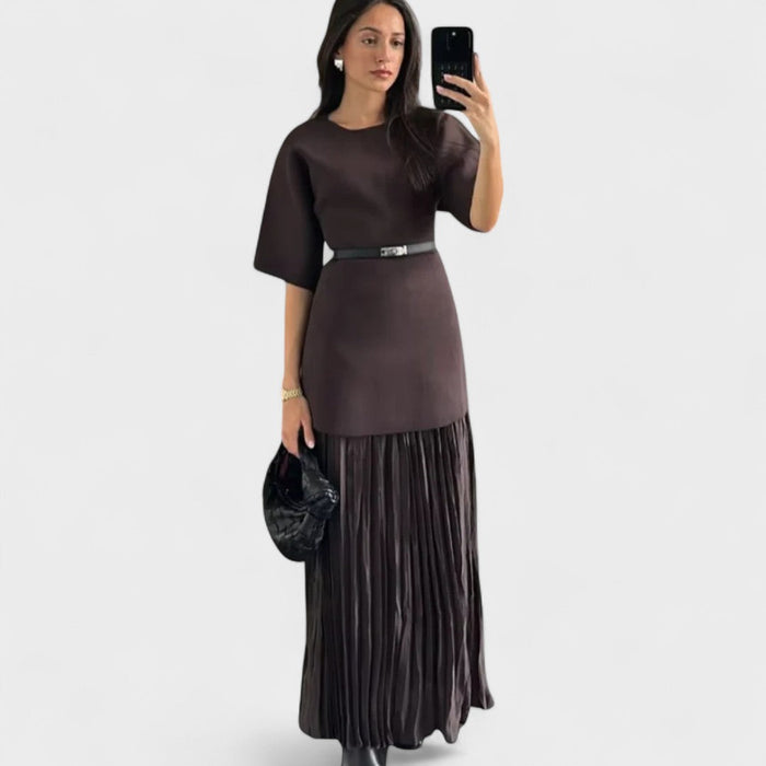 Andrea | Women's Day Dress With Pleated Maxi Skirt And Short Sleeve Design | Elegant
