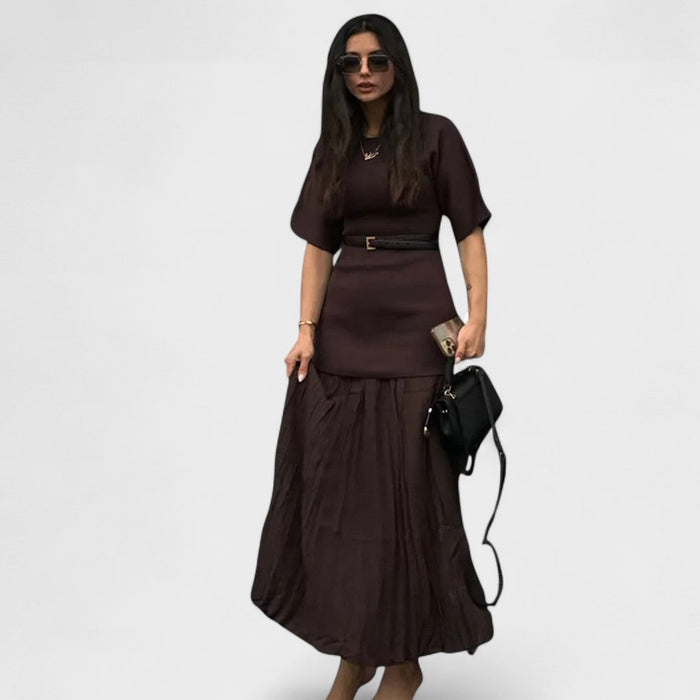 Andrea | Women's Day Dress With Pleated Maxi Skirt And Short Sleeve Design | Elegant
