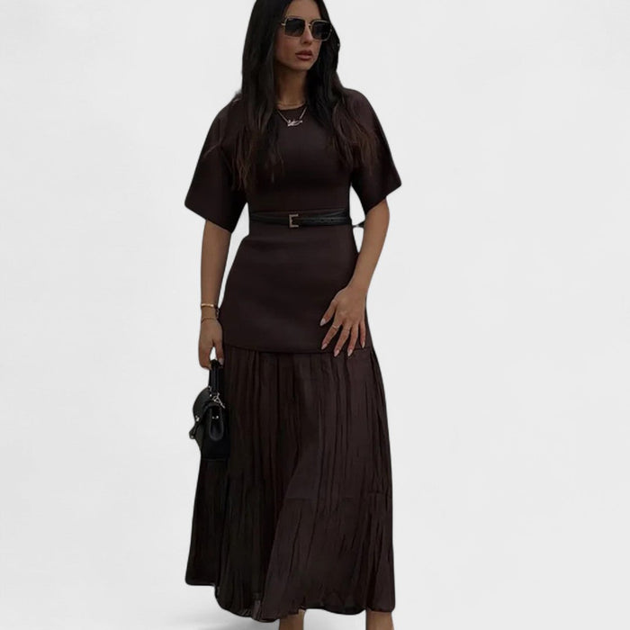 Andrea | Women's Day Dress With Pleated Maxi Skirt And Short Sleeve Design | Elegant