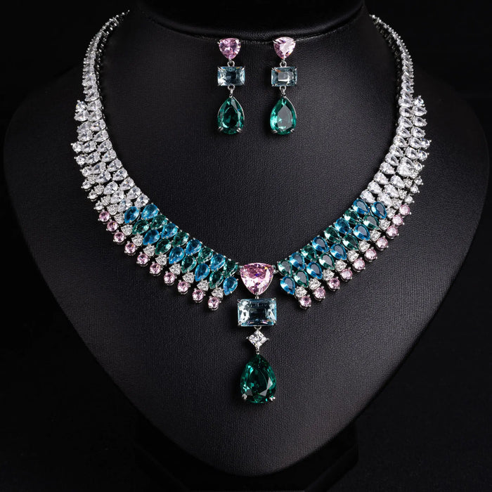 Aqua and Pink Crystal Bridal Jewelry Set JW039 Sheer Fairy