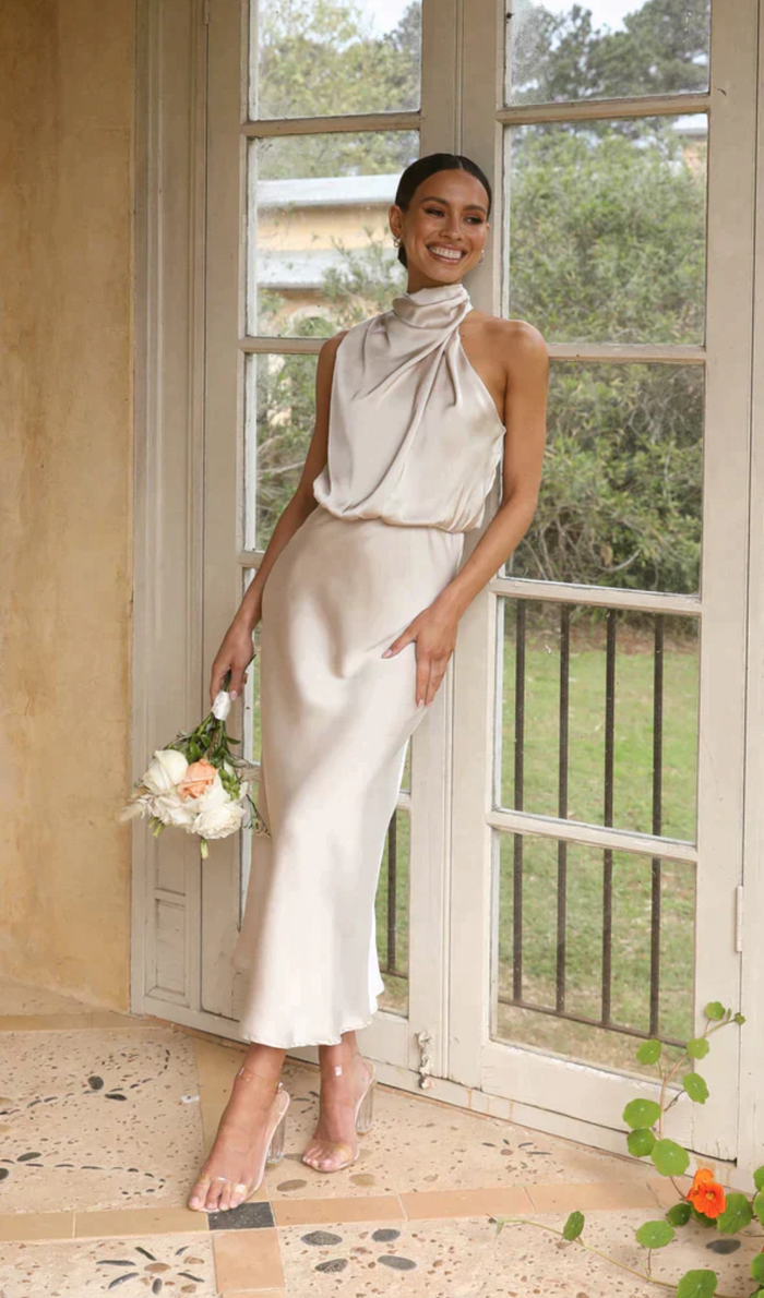 Aranza | Women’s Graduation Dress With V-Neck And Puff Sleeves | Elegant Midi