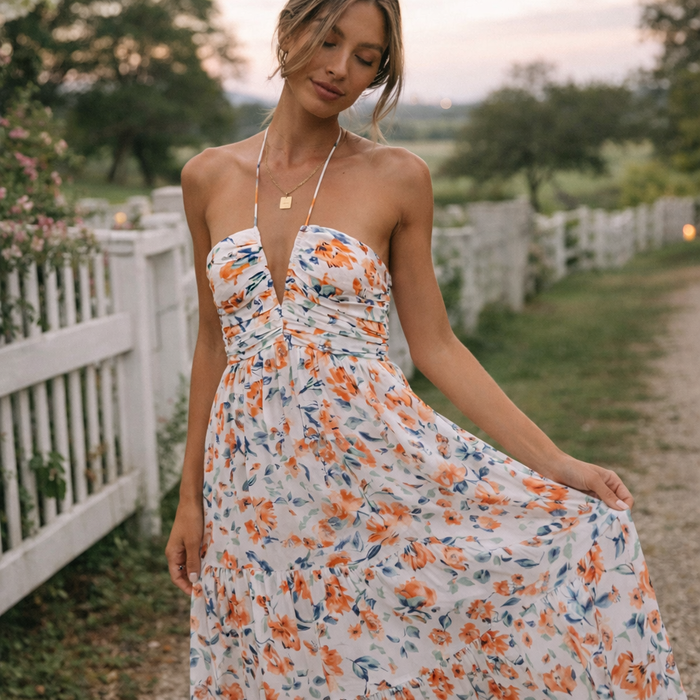 Ariadna | Women’s Graduation Dress With Floral Print And Halter | Elegant