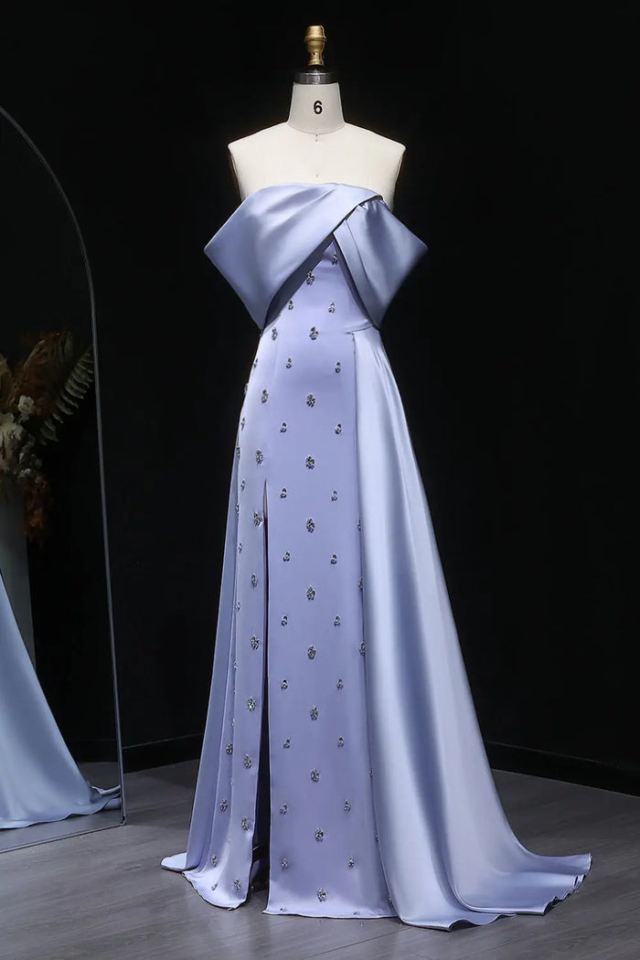 Asymmetric Off-the-Shoulder Dusty Blue Satin Evening Dress SF301 Sheer Fairy