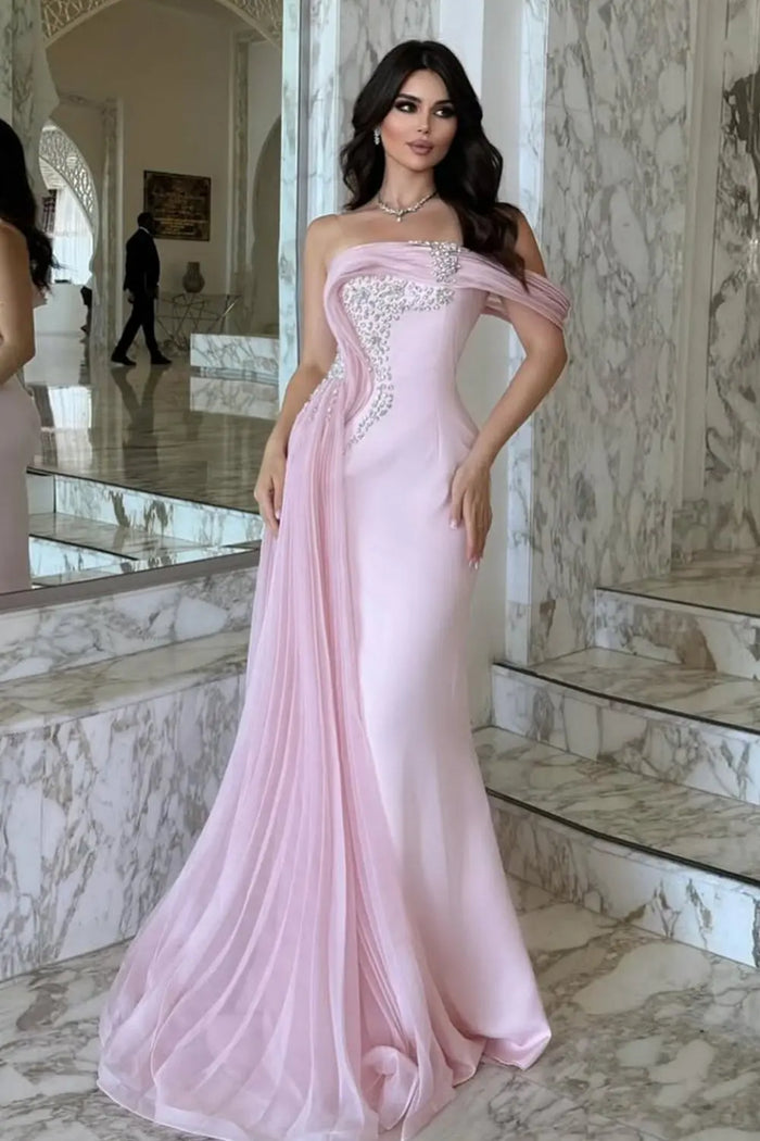 Asymmetrical Off-the-Shoulder Pink Mermaid Evening Dress SF501 Sheer Fairy