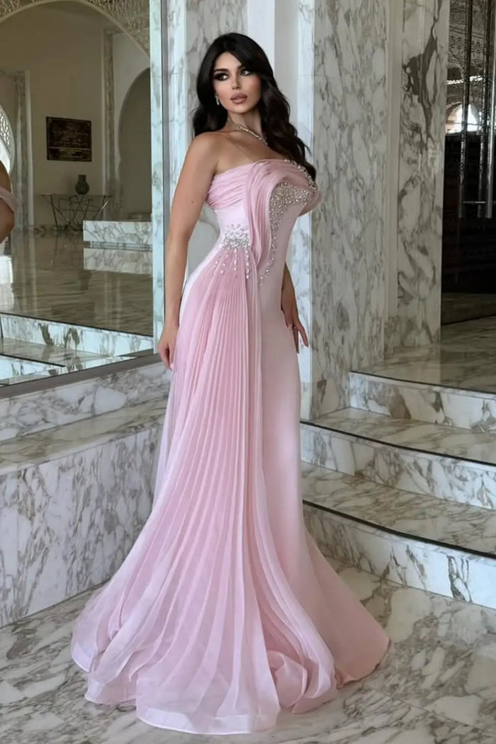 Asymmetrical Off-the-Shoulder Pink Mermaid Evening Dress SF501 Sheer Fairy