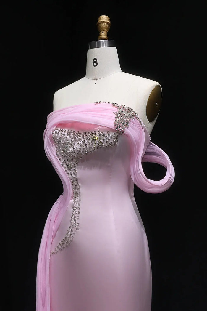 Asymmetrical Off-the-Shoulder Pink Mermaid Evening Dress SF501 Sheer Fairy