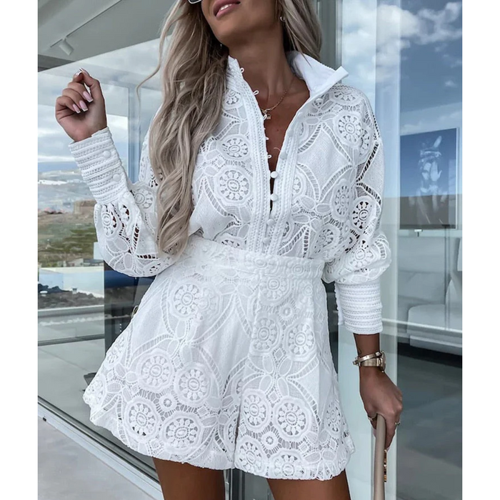 Ava | Women's Lace Romper With Long Sleeves And Button Front