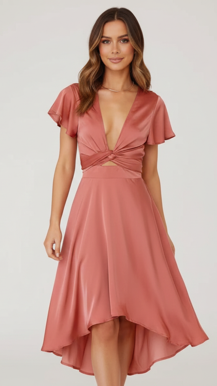 Avery | Women's Graduation Dress With Deep V-Neck And High-Low Hem | Graceful