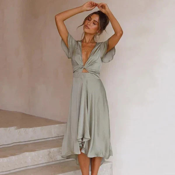 Avery | Women's Graduation Dress With Deep V-Neck And High-Low Hem | Graceful