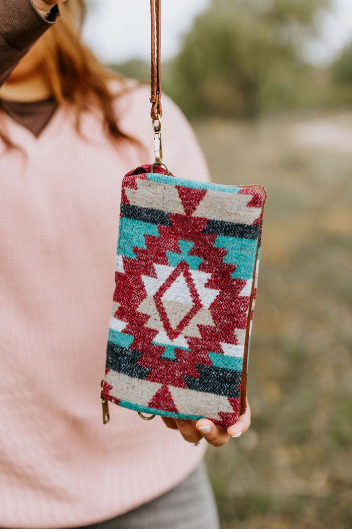 AZTEC CLUTCH WITH FAUX LEATHER DETAIL - Love Marlow