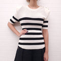 BALMAIN CREAM AND BLACK STRIPED SHORT SLEEVE SWEATER WITH LOGO BUTTONS - SIZE 38