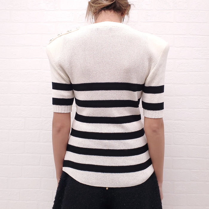 BALMAIN CREAM AND BLACK STRIPED SHORT SLEEVE SWEATER WITH LOGO BUTTONS - SIZE 38