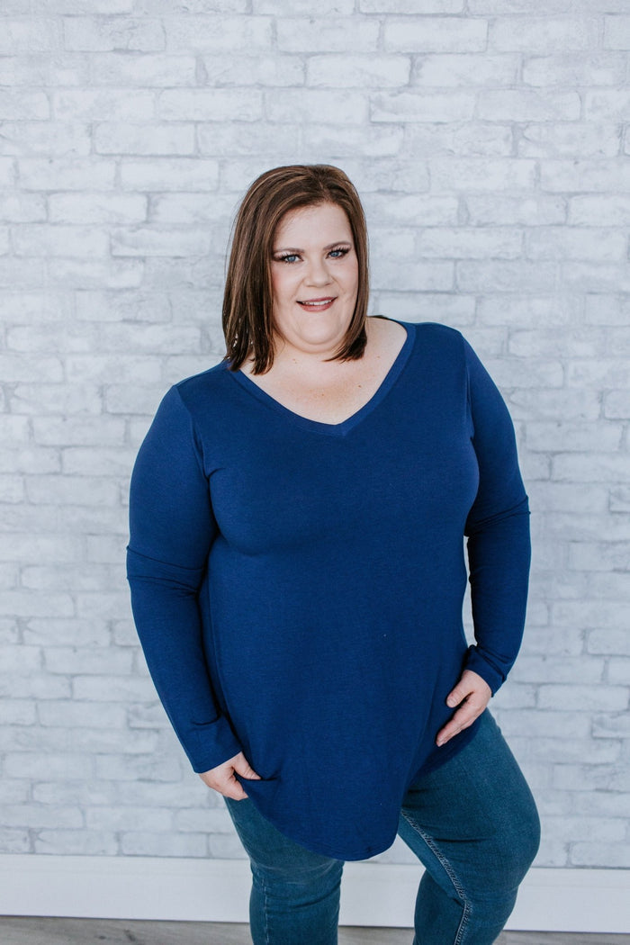 BASIC LONG - SLEEVE V - NECK TEE IN MARINE - 2x - Love Marlow