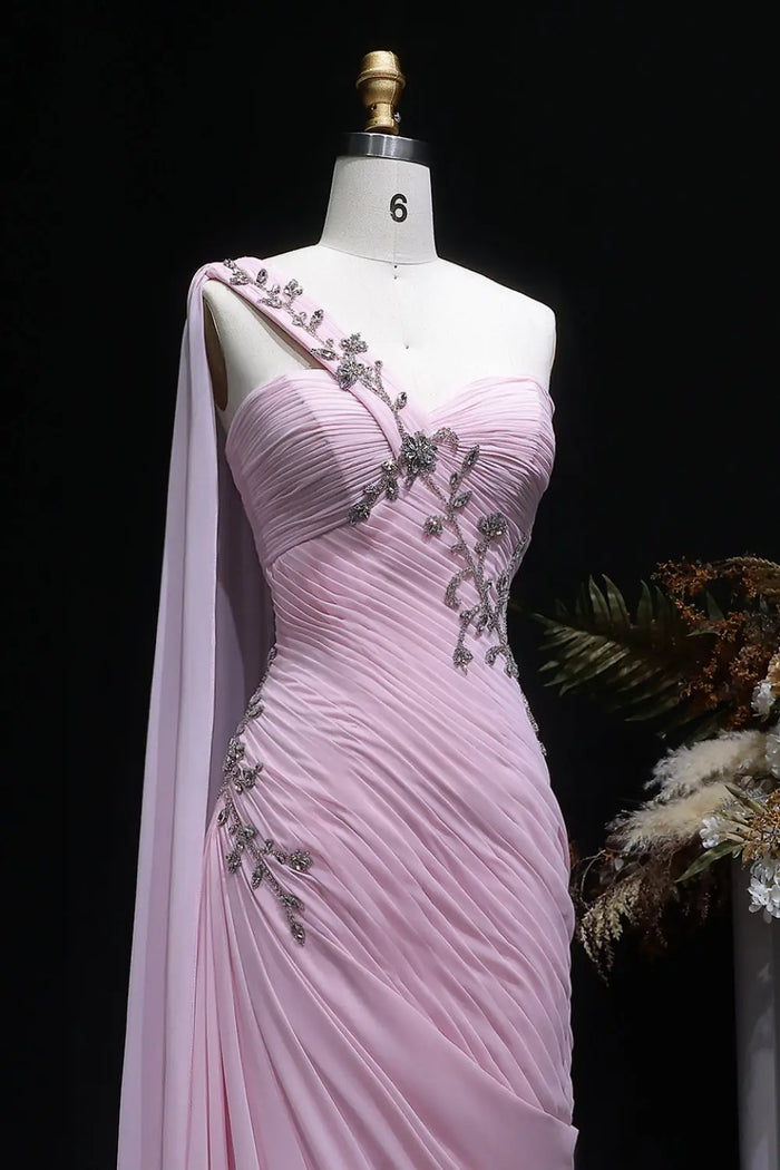Beaded Chiffon Formal Pink One-Shoulder Sheath Evening Dress SF249 Sheer Fairy