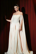Beige Satin Off-the-Shoulder Evening Dress with Cape Overlay SF005 Sheer Fairy