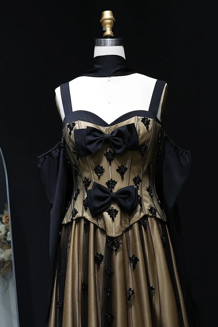 Black and Gold Gothic Ball Gown Evening Dress with 3D Floral SF241 Sheer Fairy