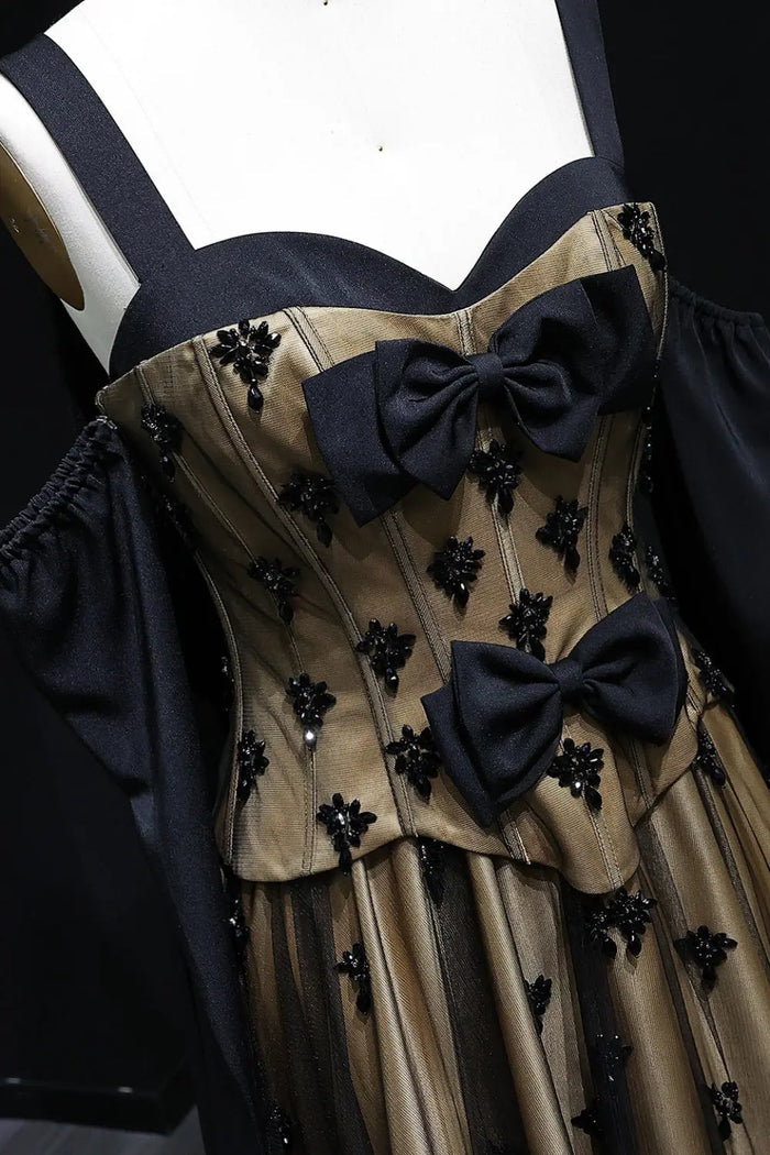 Black and Gold Gothic Ball Gown Evening Dress with 3D Floral SF241 Sheer Fairy