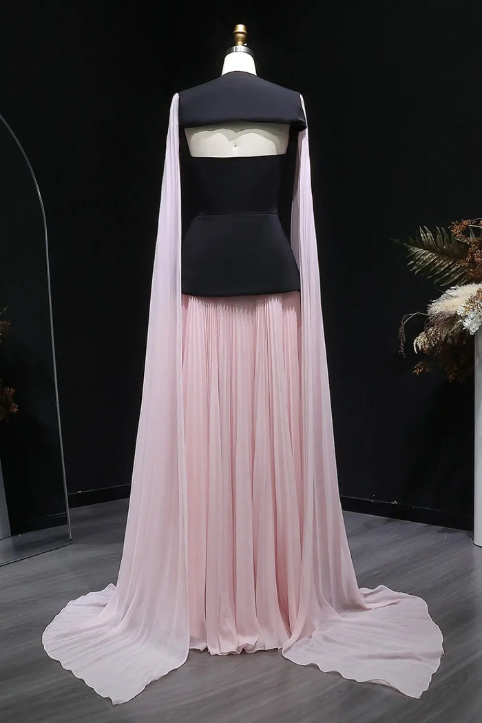 Black & Blush Color-Block Satin Chiffon A-Line Evening Dress SF590 Sheer Fairy