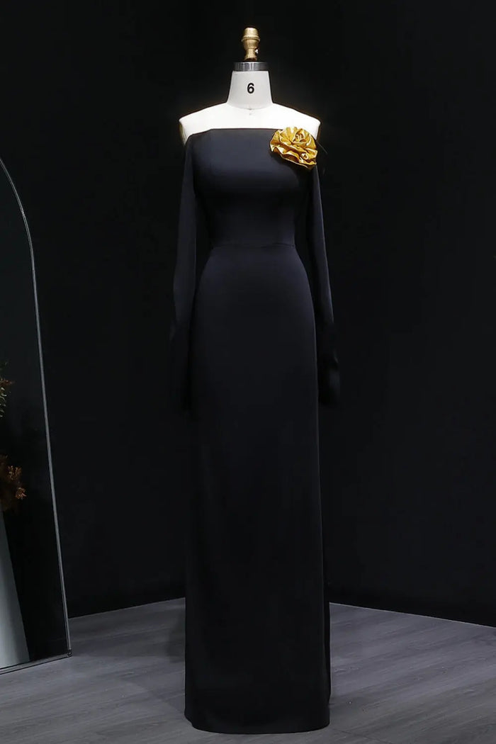 Black Off Shoulder Evening Dress with Gold Flower Accent SF133 Sheer Fairy