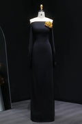 Black Off Shoulder Evening Dress with Gold Flower Accent SF133 Sheer Fairy