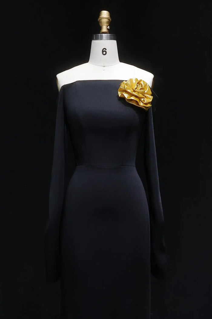 Black Off Shoulder Evening Dress with Gold Flower Accent SF133 Sheer Fairy