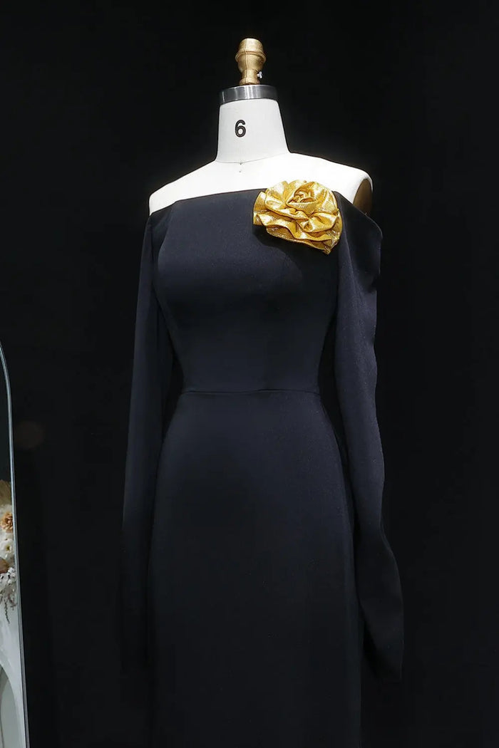 Black Off Shoulder Evening Dress with Gold Flower Accent SF133 Sheer Fairy