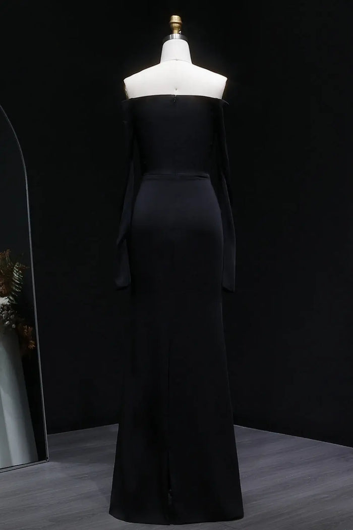 Black Off Shoulder Evening Dress with Gold Flower Accent SF133 Sheer Fairy