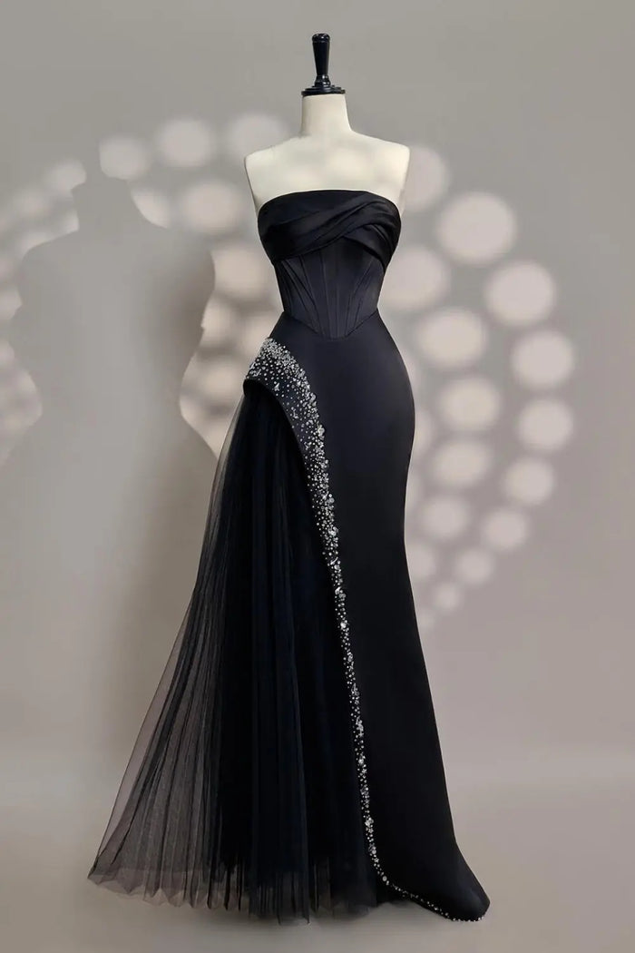 Black Satin & Tulle Mermaid Evening Dress with Crystal Trim SF582 Sheer Fairy