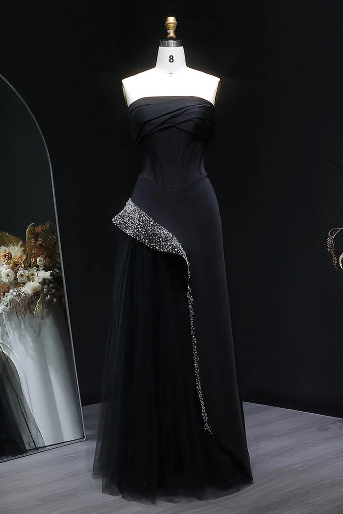 Black Satin & Tulle Mermaid Evening Dress with Crystal Trim SF582 Sheer Fairy