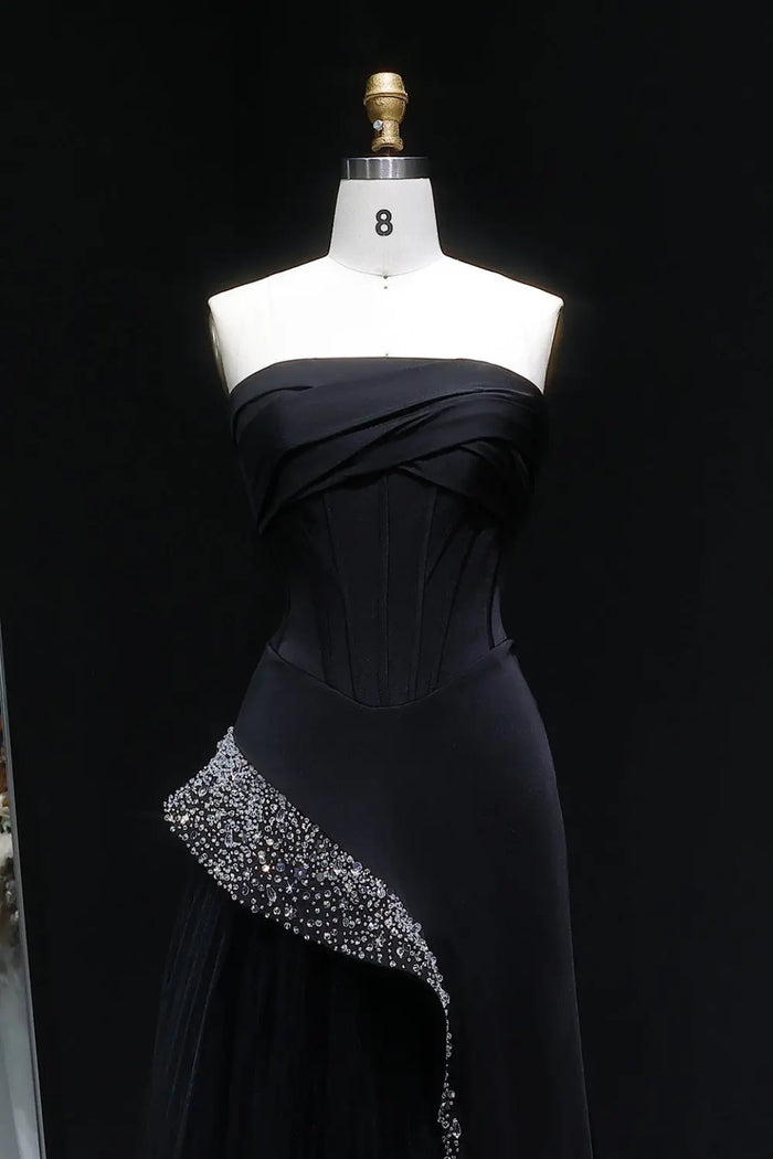 Black Satin & Tulle Mermaid Evening Dress with Crystal Trim SF582 Sheer Fairy