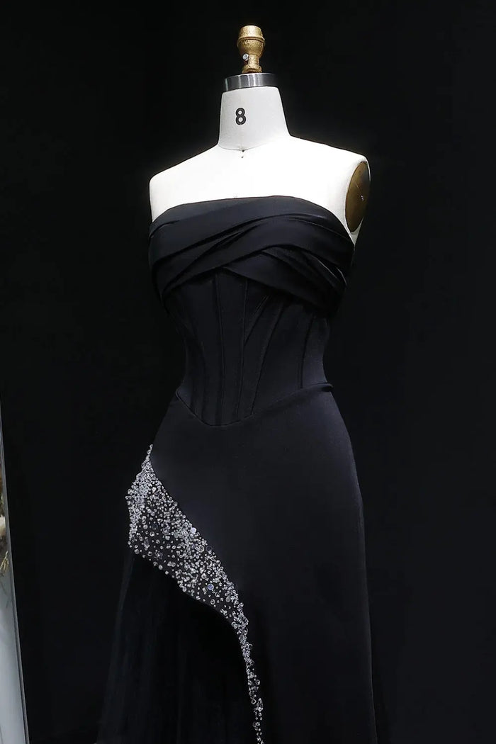 Black Satin & Tulle Mermaid Evening Dress with Crystal Trim SF582 Sheer Fairy