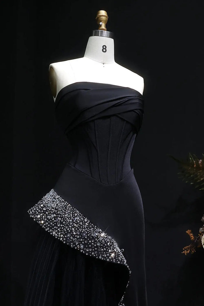 Black Satin & Tulle Mermaid Evening Dress with Crystal Trim SF582 Sheer Fairy