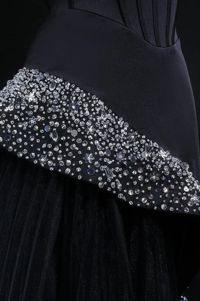 Black Satin & Tulle Mermaid Evening Dress with Crystal Trim SF582 Sheer Fairy