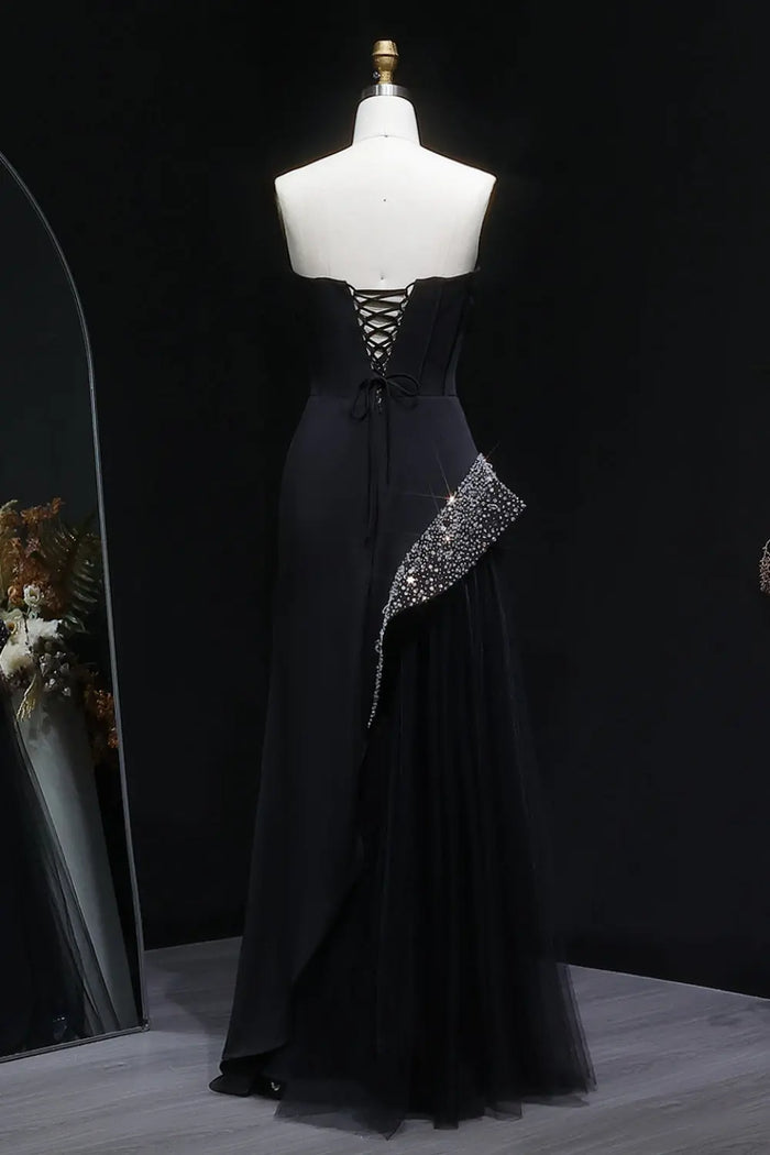 Black Satin & Tulle Mermaid Evening Dress with Crystal Trim SF582 Sheer Fairy