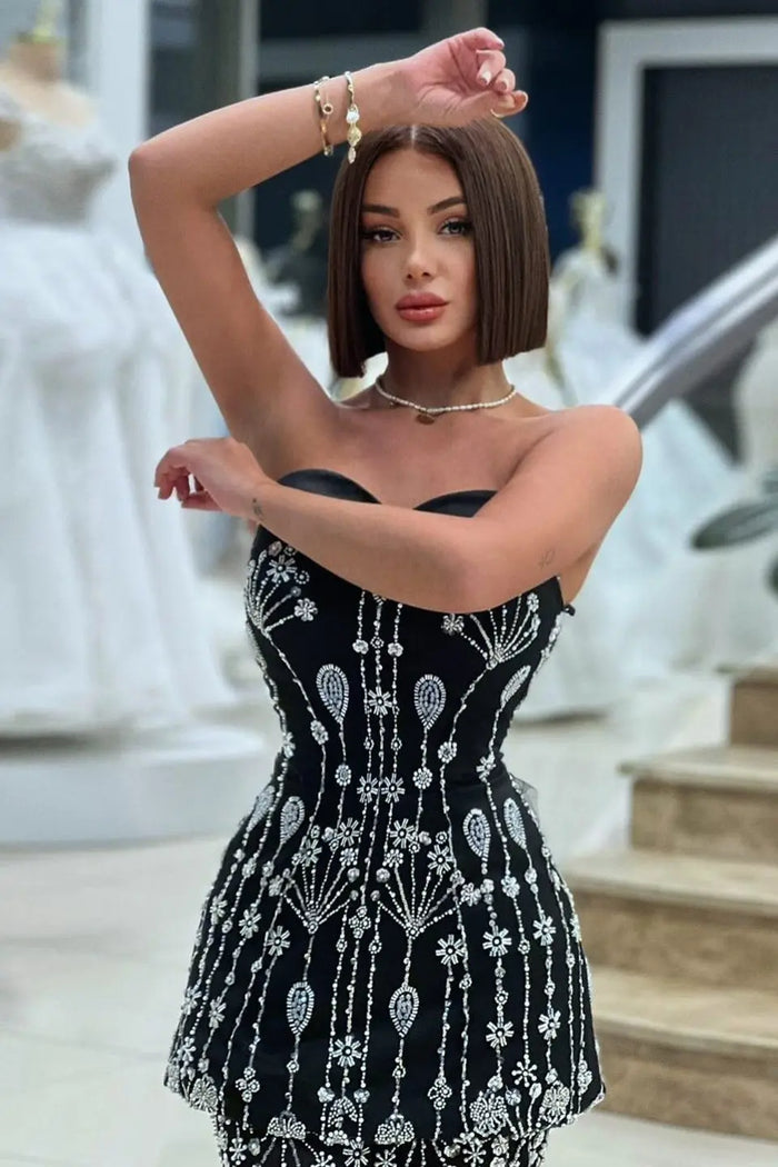 Black White Sequin Peplum Two-Piece Evening Dress SS635 Sheer Fairy