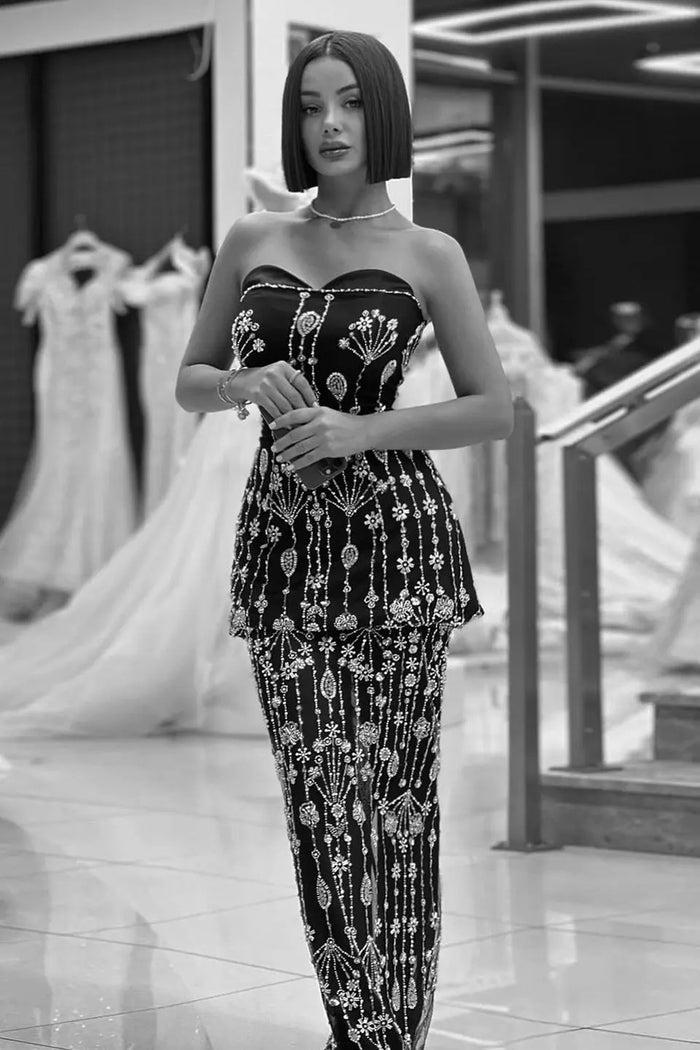 Black White Sequin Peplum Two-Piece Evening Dress SS635 Sheer Fairy
