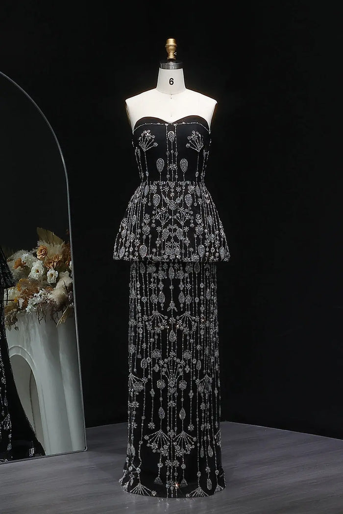 Black White Sequin Peplum Two-Piece Evening Dress SS635 Sheer Fairy