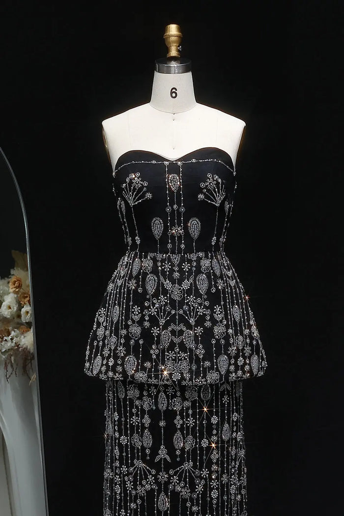 Black White Sequin Peplum Two-Piece Evening Dress SS635 Sheer Fairy