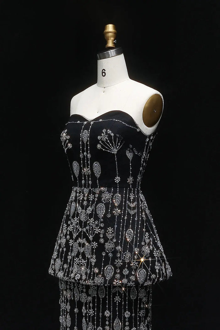 Black White Sequin Peplum Two-Piece Evening Dress SS635 Sheer Fairy