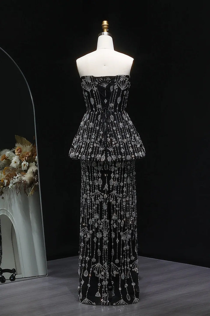 Black White Sequin Peplum Two-Piece Evening Dress SS635 Sheer Fairy