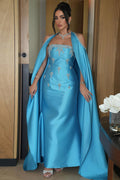 Blue Satin Square Neck Sheath Oversized Cape Evening Dress SF250 Sheer Fairy
