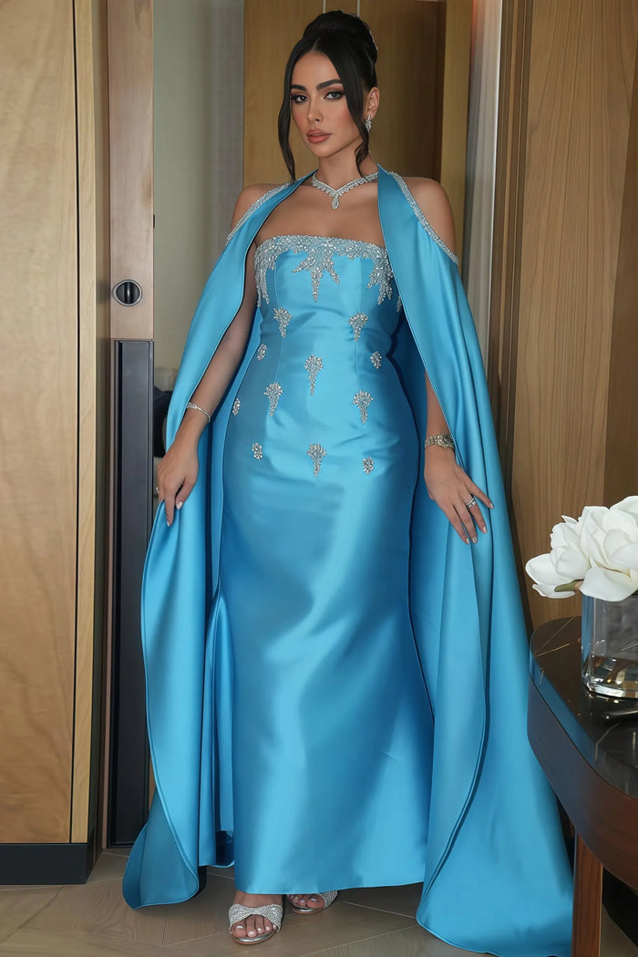 Blue Satin Square Neck Sheath Oversized Cape Evening Dress SF250 Sheer Fairy