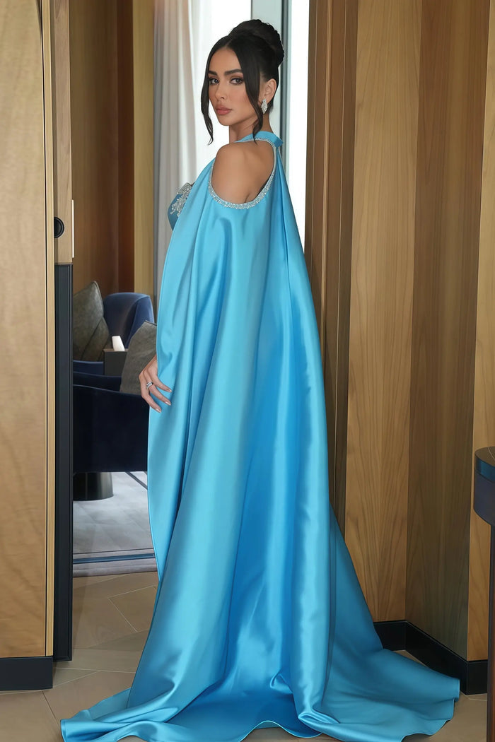 Blue Satin Square Neck Sheath Oversized Cape Evening Dress SF250 Sheer Fairy
