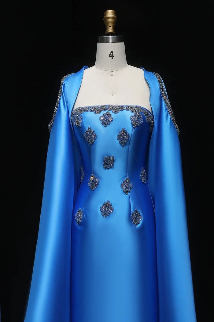 Blue Satin Square Neck Sheath Oversized Cape Evening Dress SF250 Sheer Fairy
