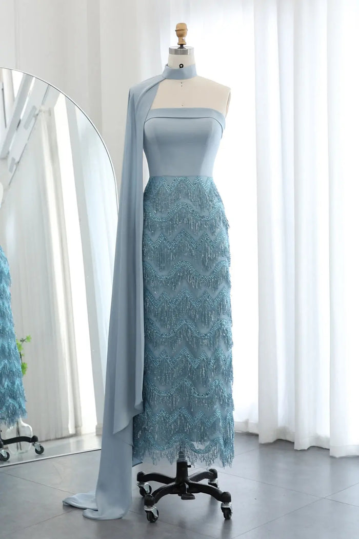 Blue Tassel Strapless Evening Dress with Cape Sleeve SS143 Sheer Fairy