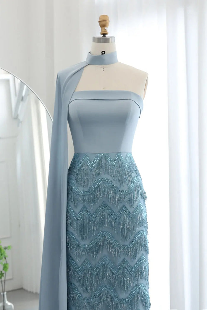 Blue Tassel Strapless Evening Dress with Cape Sleeve SS143 Sheer Fairy